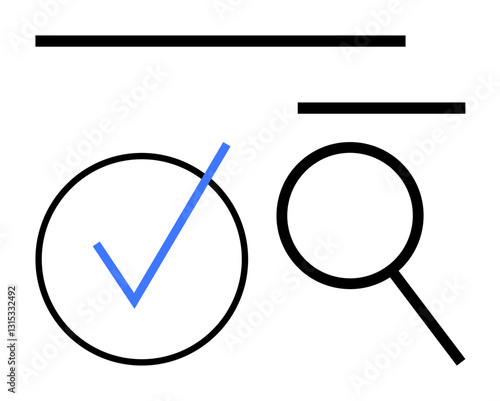 Blue checkmark in a circle beside a magnifying glass, placed under two horizontal lines. Ideal for validation, search, quality check, decision-making, approval, feedback, flat simple metaphor