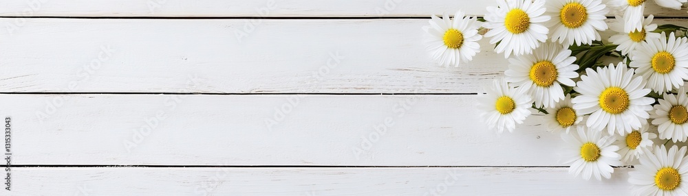 Obraz premium Dreamy country aesthetic with daisies arranged on whitewashed wooden planks
