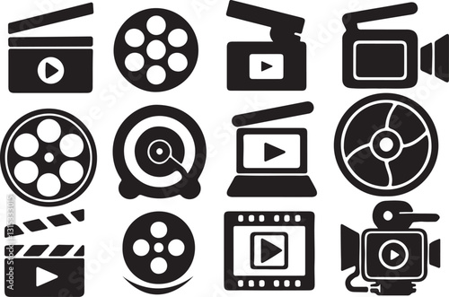 Film Reel silhouette icon bundle design on white background
