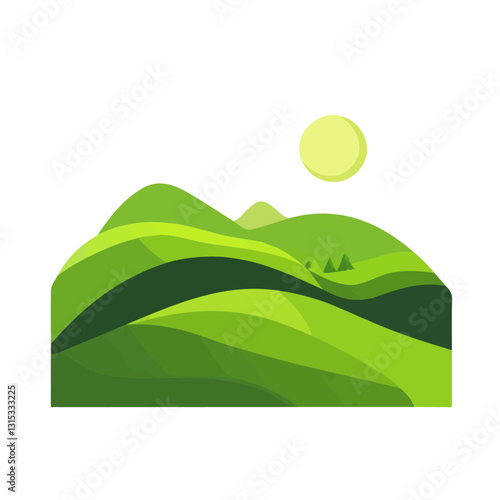 2D flat vector illustration Green rolling hills in spring icon isolated on a white background.

