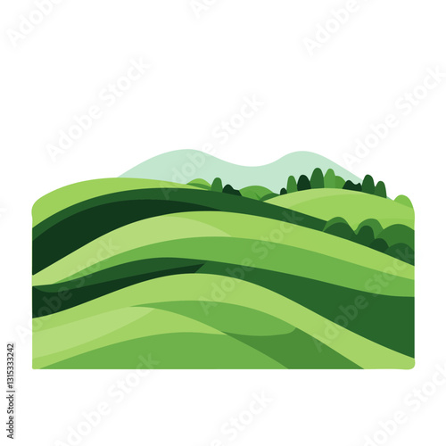 2D flat vector illustration Green rolling hills in spring icon isolated on a white background.

