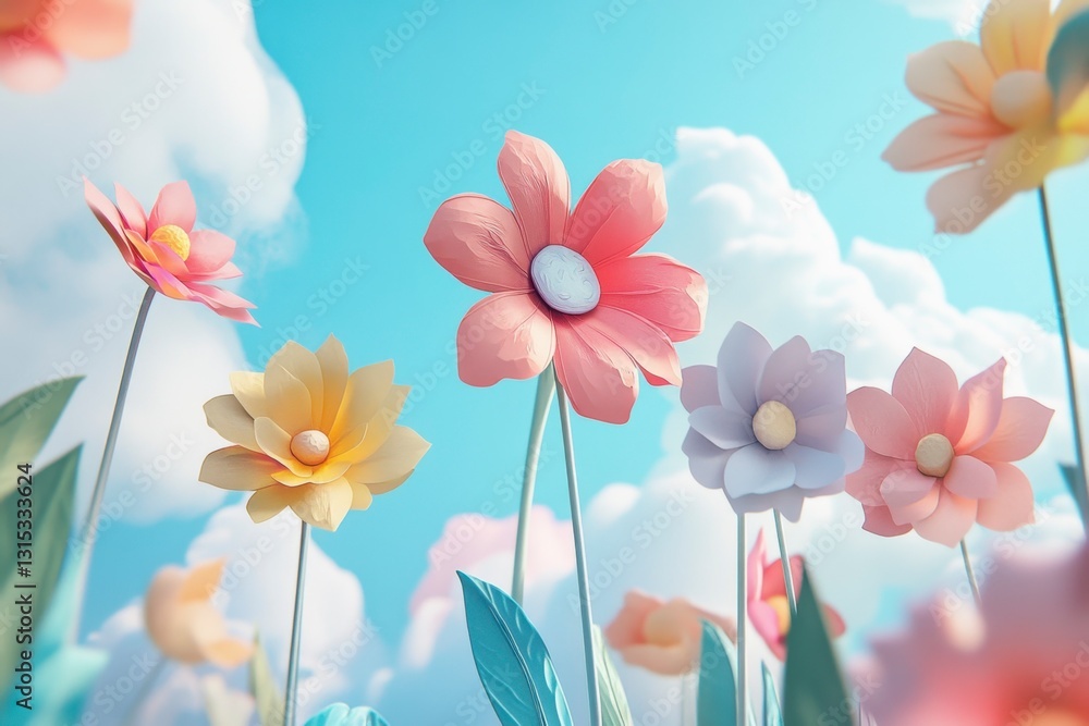 Colorful Paper Flowers Stand Tall Against Sky, Papercraft Pastel Backdrop, Whimsical Paper Art Colorful Paper Flowers Stand Tall Against Sky, Papercraft Pastel Backdrop, Whimsical Paper Art