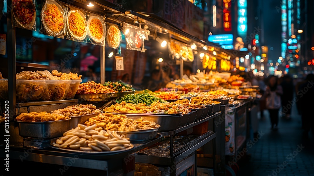 Vibrant Street Food Market Bustling With Activity in a Neon-Lit City During the Evening Vibrant Street Food Market Bustling With Activity in a Neon-Lit City During the Evening