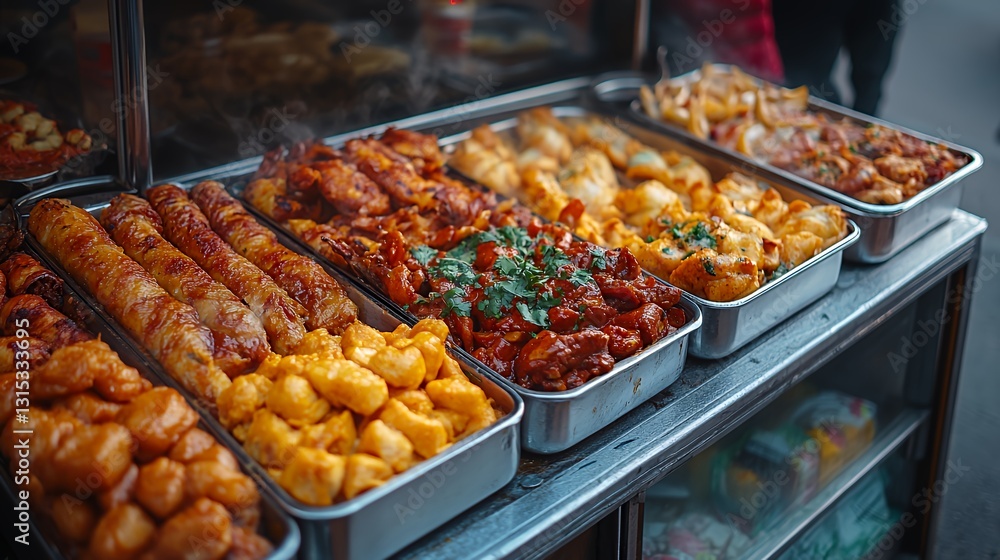 Fototapeta premium Street Food Vendor Displays a Vibrant Variety of Delicious Dishes in a Bustling Market During the Day