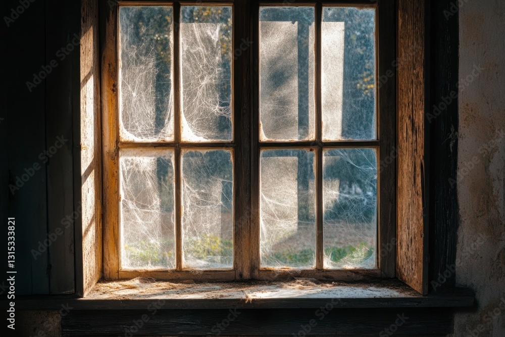 Fototapeta premium Abandoned Window with Cobwebs and Grime - Dusty, Vintage Pane with Sunlight