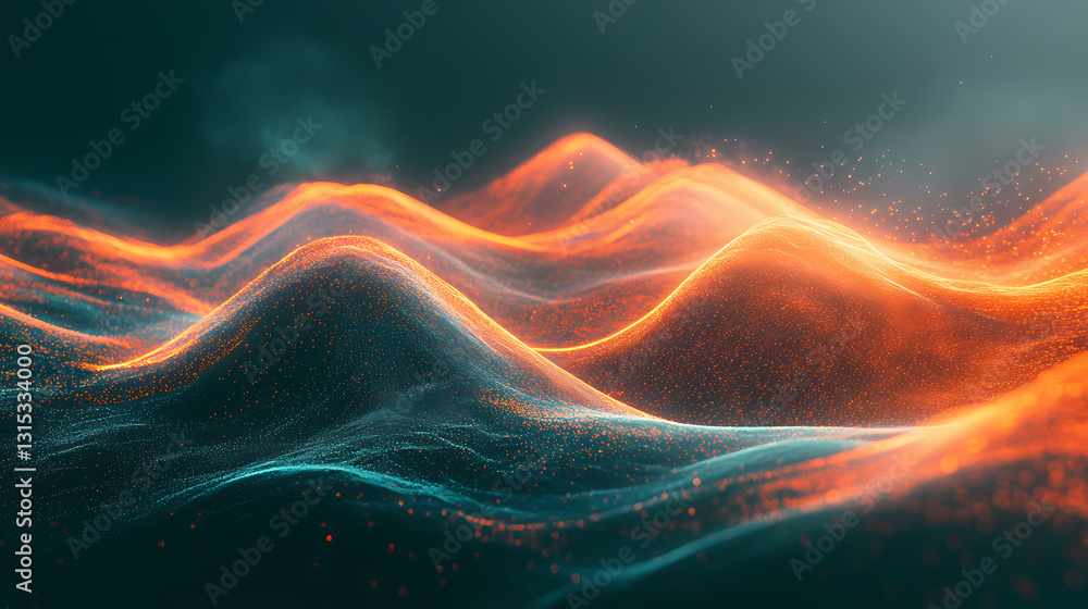 Luminous orange and teal waves of light and particles flow across a dark background, creating a dynamic abstract digital landscape. Luminous - Cave. Illustration Luminous orange and teal waves of light and particles flow across a dark background, creating a dynamic abstract digital landscape. Luminous - Cave. Illustration