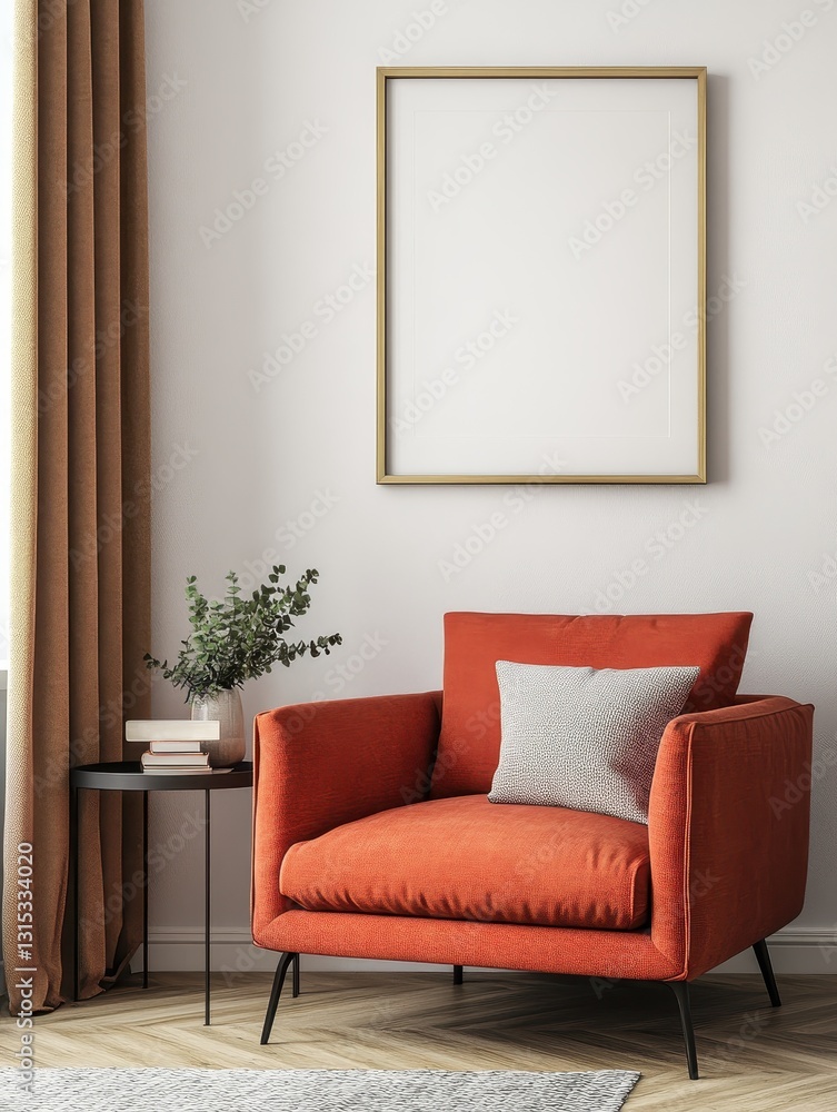 A framed picture hangs above a stylish red armchair A framed picture hangs above a stylish red armchair