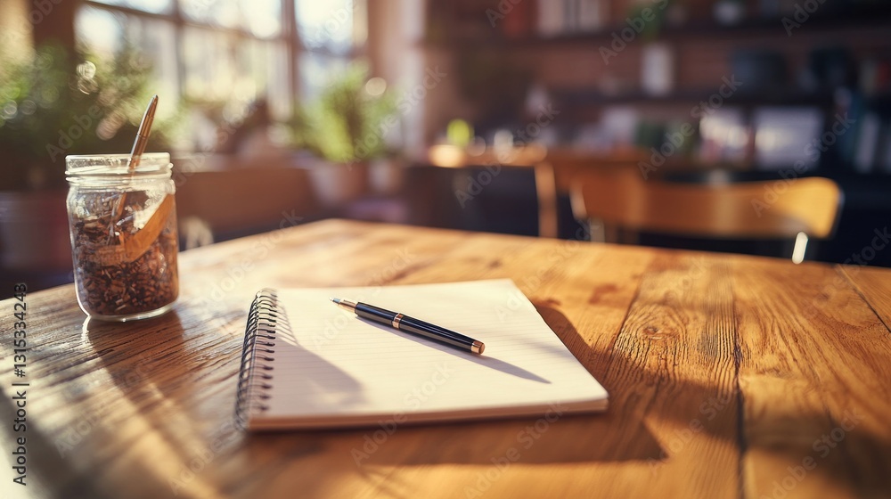 Sunny Cafe: Notebook, Pen, and Coffee Beans Await Inspiration Sunny Cafe: Notebook, Pen, and Coffee Beans Await Inspiration