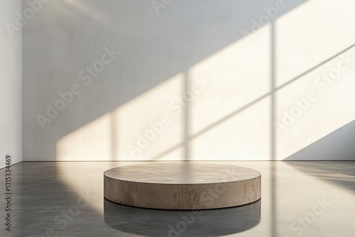 Minimalist Display Podium in Sunlit Empty Room, Concrete Platform, Modern Interior