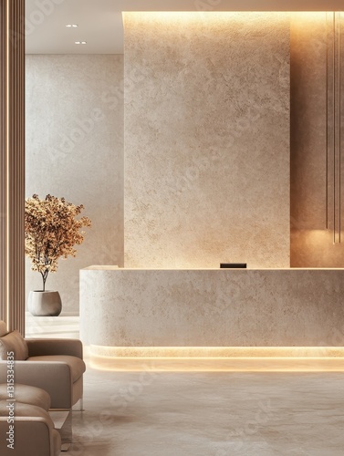 A modern reception desk is shown in an office setting