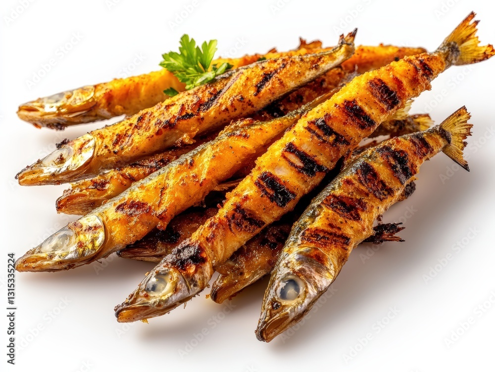 Whole grilled fish displayed on a pure white background emphasizing its freshness and culinary appeal Whole grilled fish displayed on a pure white background emphasizing its freshness and culinary appeal