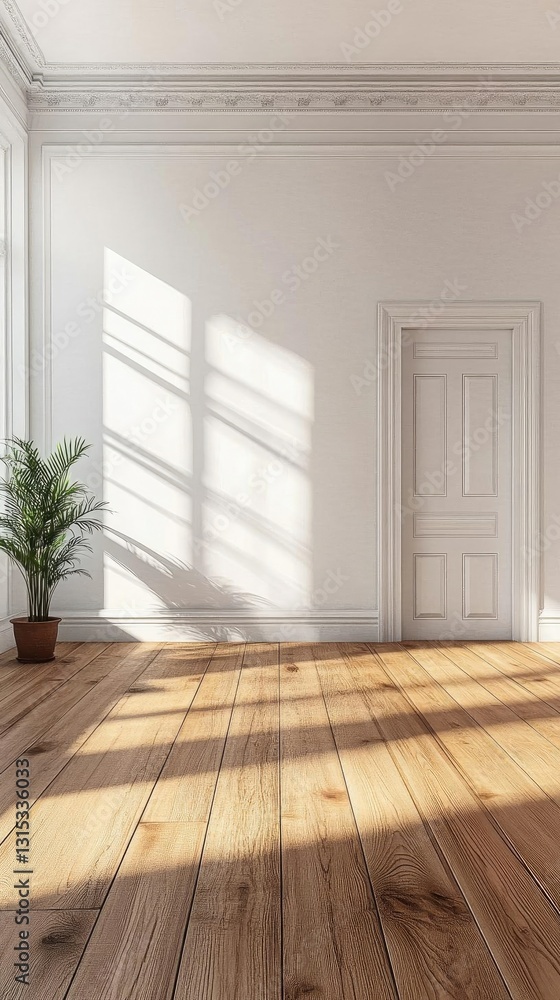 Obraz premium Sunlit Empty Room: Modern Interior Design with Wooden Floor