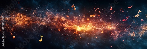 Musical notes glide along an ethereal cosmic journey