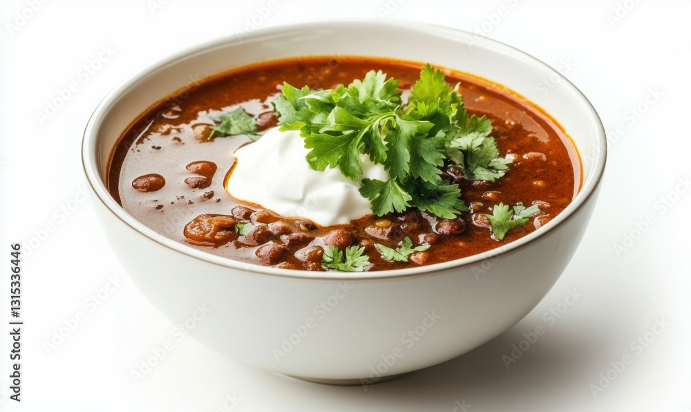 A bowl of spicy lentil soup garnished with a dollop of sour cream and fresh cilantro. Isolated on White Background A bowl of spicy lentil soup garnished with a dollop of sour cream and fresh cilantro. Isolated on White Background