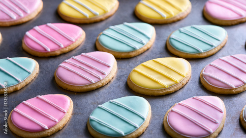 Easter Egg Sugar Cookies with Pastel Blue, Pink and Yellow Icing