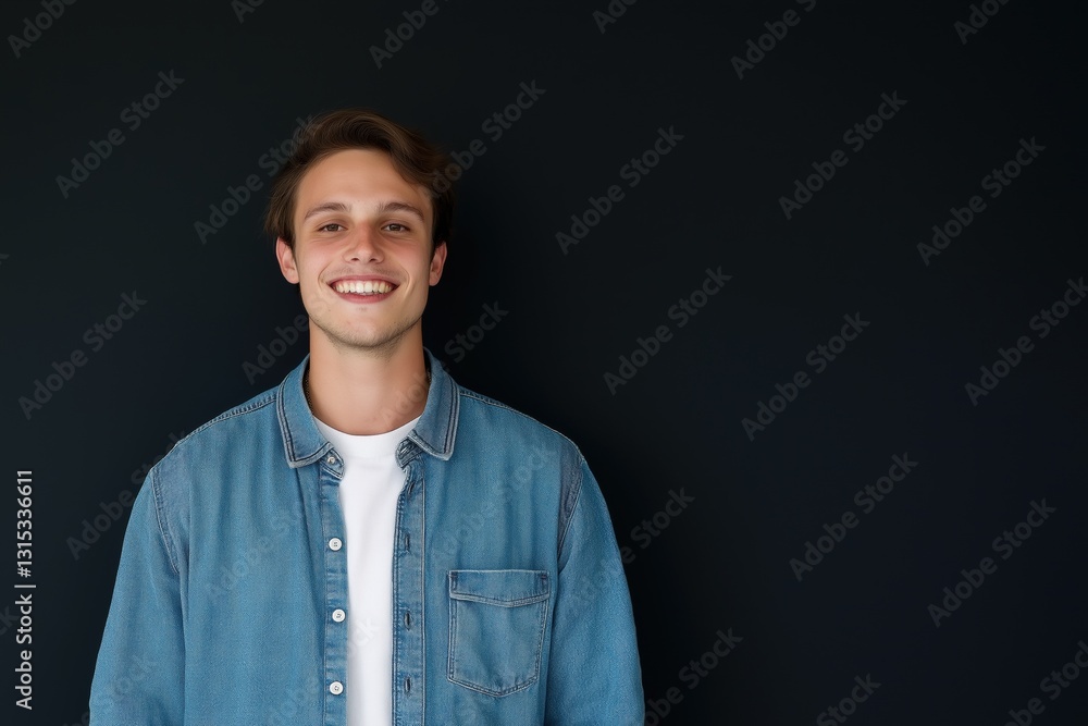 Obraz premium A young man is smiling and wearing a blue denim jacket. He is standing in front of a black background