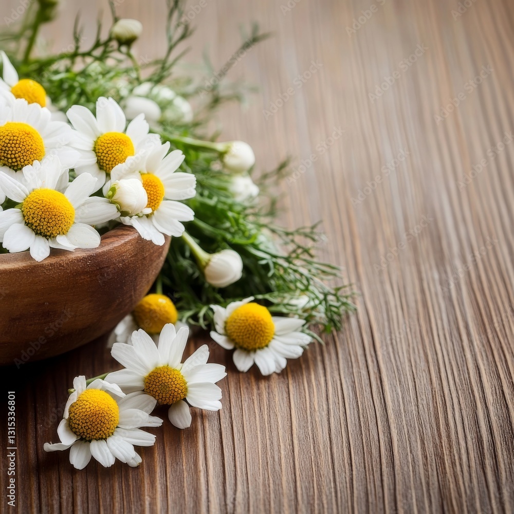 Elegant chamomile flowers arranged on polished mahogany wood Elegant chamomile flowers arranged on polished mahogany wood