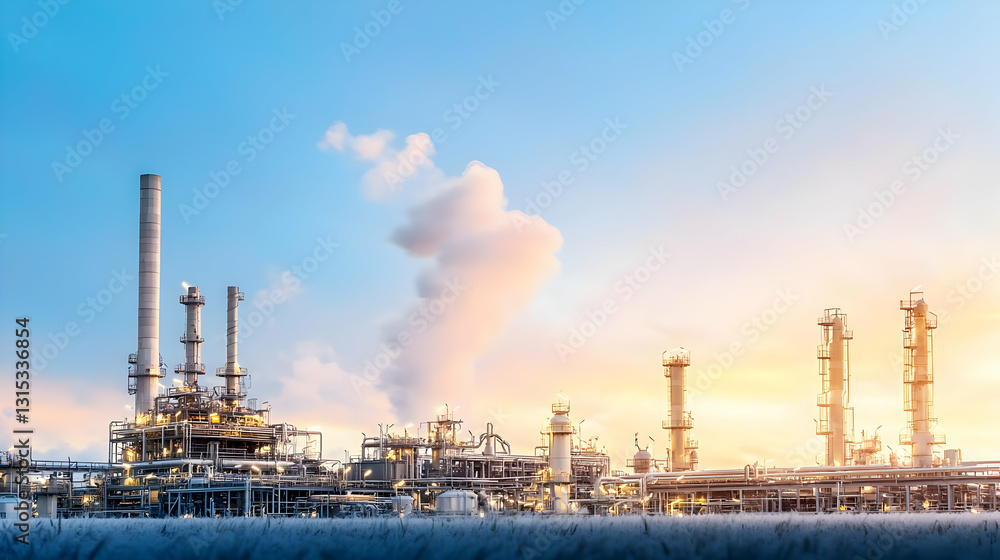 Panoramic View of a Petrochemical Refinery Plant at Sunset with Smoke and Steam Rising into the Sky Panoramic View of a Petrochemical Refinery Plant at Sunset with Smoke and Steam Rising into the Sky