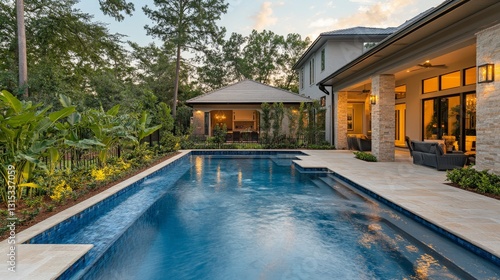 Wallpaper Mural Beautiful outdoor pool and patio area in a lush garden setting during golden hour Torontodigital.ca