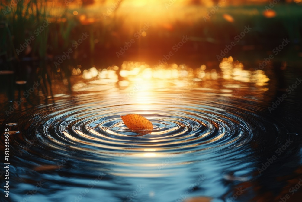 A single autumn leaf floats on calm water, creating concentric ripples at sunset. A single autumn leaf floats on calm water, creating concentric ripples at sunset.