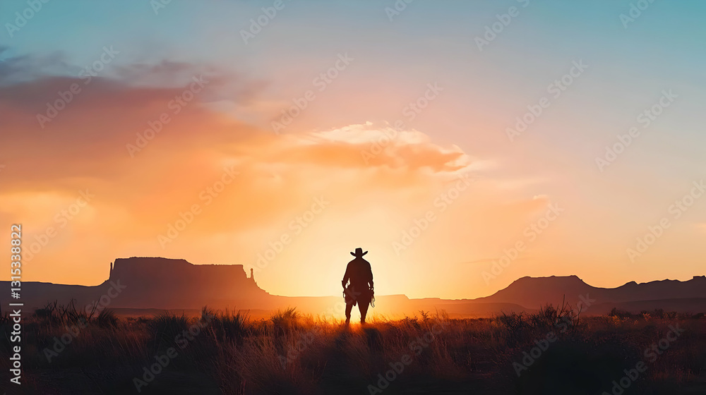 Silhouetted Cowboy on Horseback in a Desert Landscape at Sunset with Dramatic Sky Silhouetted Cowboy on Horseback in a Desert Landscape at Sunset with Dramatic Sky