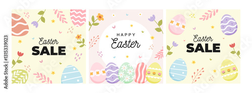 Happy Easter set of sale banners, greeting cards, posters, holiday covers. Cute eggs with spring flowers in pastel colors