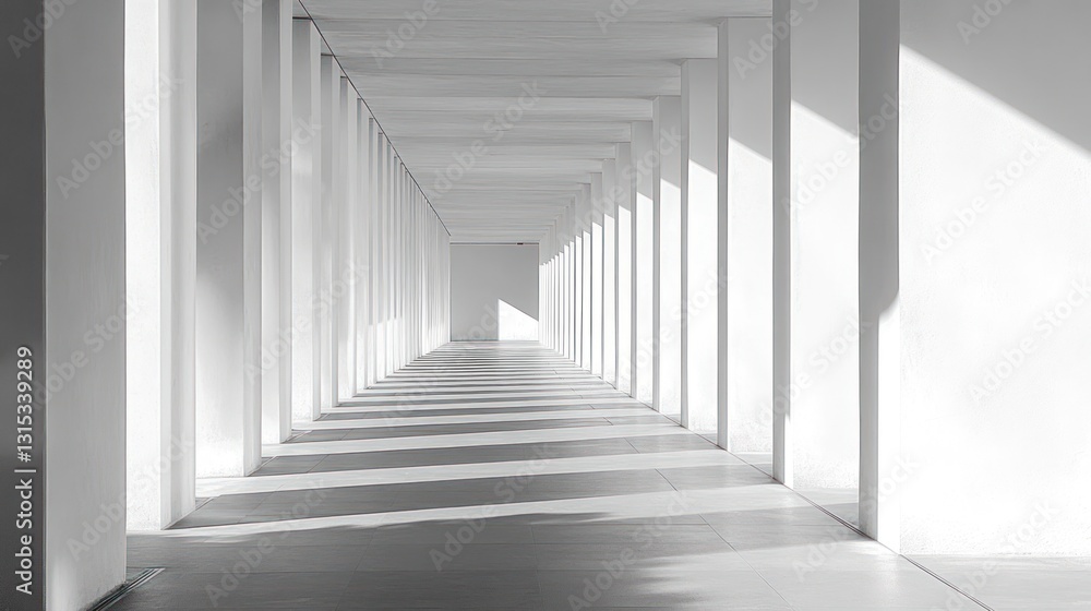 Architectural marvel: A monochromatic perspective of a modern hallway bathed in sunlight, showcasing the interplay of light and shadow along its length. Architectural marvel: A monochromatic perspective of a modern hallway bathed in sunlight, showcasing the interplay of light and shadow along its length.