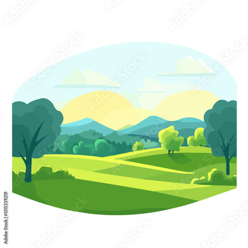 2D flat vector illustration Morning mist in a spring meadow icon isolated on a white background.

