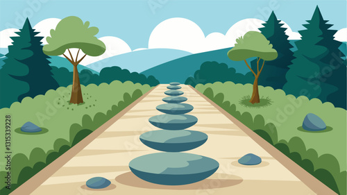 A walking path lined with smooth stones encouraging visitors to slow down and focus on each step as they stroll through the garden.. Vector illustration