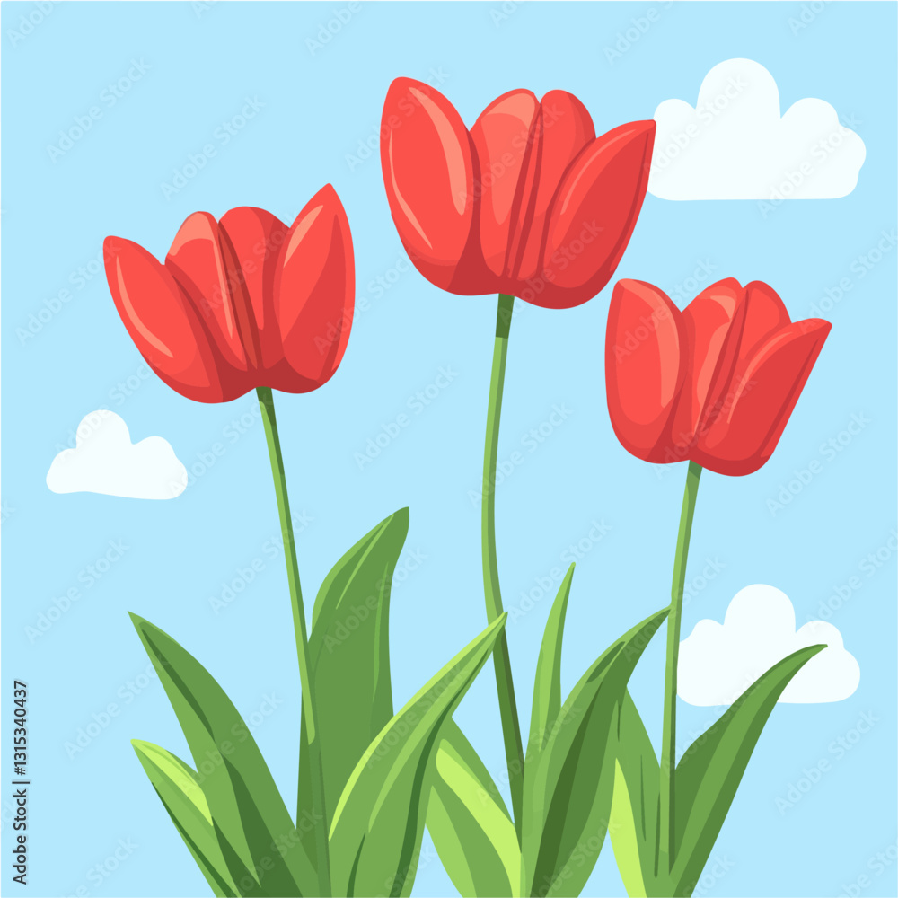 2D flat vector illustration Red tulips against a blue sky icon isolated on a white background.
2D flat vector illustration Red tulips against a blue sky icon isolated on a white background.