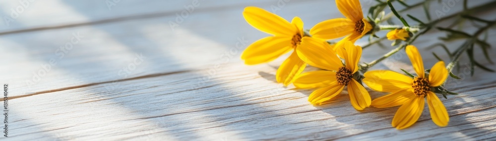 Obraz premium Soft-focus macro of yellow flowers casting shadows on aged wood