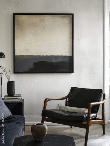 A square painting hangs above a black leather armchair
