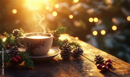 Wallpaper Mural Cozy scene featuring a steaming cup of coffee placed on a rustic wooden table, surrounded by sprigs of holly and pinecones, warm golden light enhancing the festive atmosphere, Torontodigital.ca
