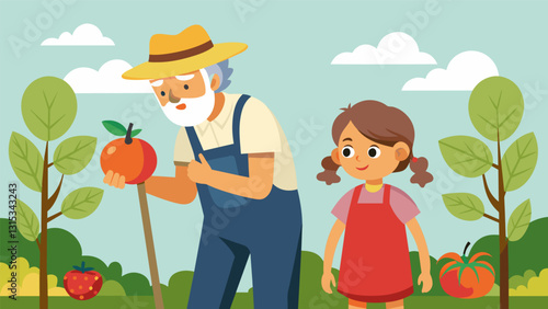 An elderly farmer leaning on his walking stick and watching with pride as his granddaughter picks her first tomato from the familys organic garden.. Vector illustration