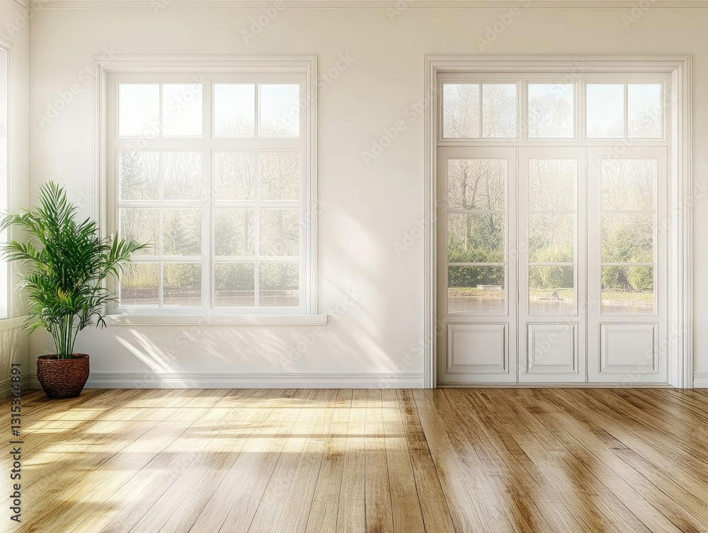 Fototapeta premium Sunlit Room Design: Hardwood Floors, White Walls, French Doors