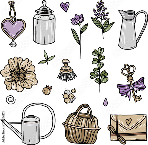 Vector set of elements in Boho style: floral motifa and summer garden flowers, basket, key with a bow, heart shape romantic locket