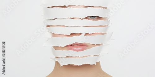 Abstract portrait with torn paper strips concealing face - art and mystery concept