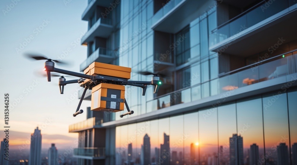 Naklejka premium A drone delivering packages during sunset, showcasing modern technology and urban living