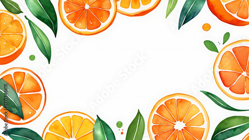Watercolor Oranges and Green Leaves Frame Illustration on White Background