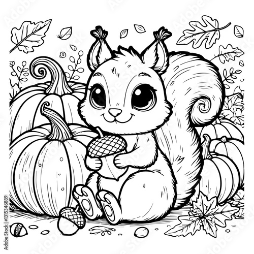 Wallpaper Mural coloring page Squirrel in a pumpkin patch, animal coloring page for kids, adults, releaxing coloring page, stress relief, mindfulness Torontodigital.ca