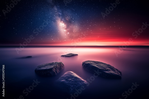 Serene long exposure shot of a starry night sky with milky way over calm water and rocks