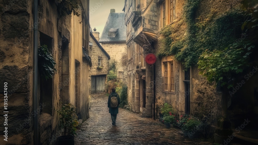 Traveler walking along a cobblestone street in a historic European town with colorful buildings and a church in the distance. Generative AI Traveler walking along a cobblestone street in a historic European town with colorful buildings and a church in the distance. Generative AI