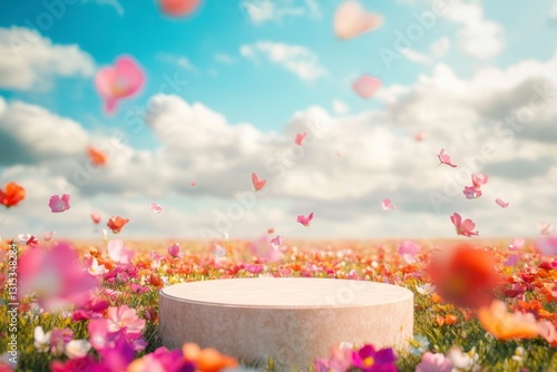 Fototapeta Naklejka Na Ścianę i Meble -  Meadow filled colorful flowers and petals swirling around podium under vibrant sky ideal showcase products