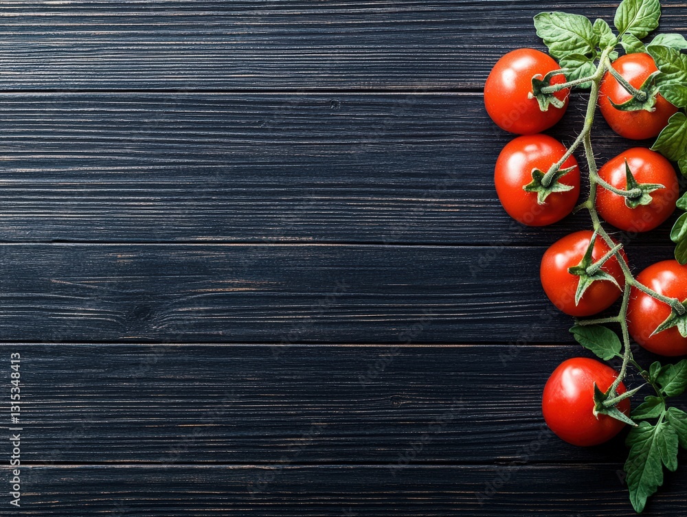 Fresh tomatoes and basil leaves placed on a black wooden table creating a striking contrast for a modern look Fresh tomatoes and basil leaves placed on a black wooden table creating a striking contrast for a modern look