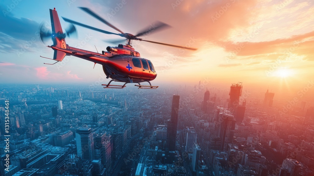 Helicopter flying above an urban city skyline during a vibrant sunset. Generative AI Helicopter flying above an urban city skyline during a vibrant sunset. Generative AI