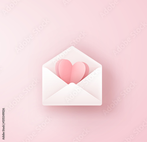 Paper heart with open envelope on pink background. Vector symbol of love for Happy Women's, Mother's, Valentine's Day, birthday greeting card design
