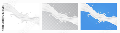Milk splash pattern set. 3d realistic yogurt wave borders on white, blue and transparent backgrounds. Vector milky flow package design