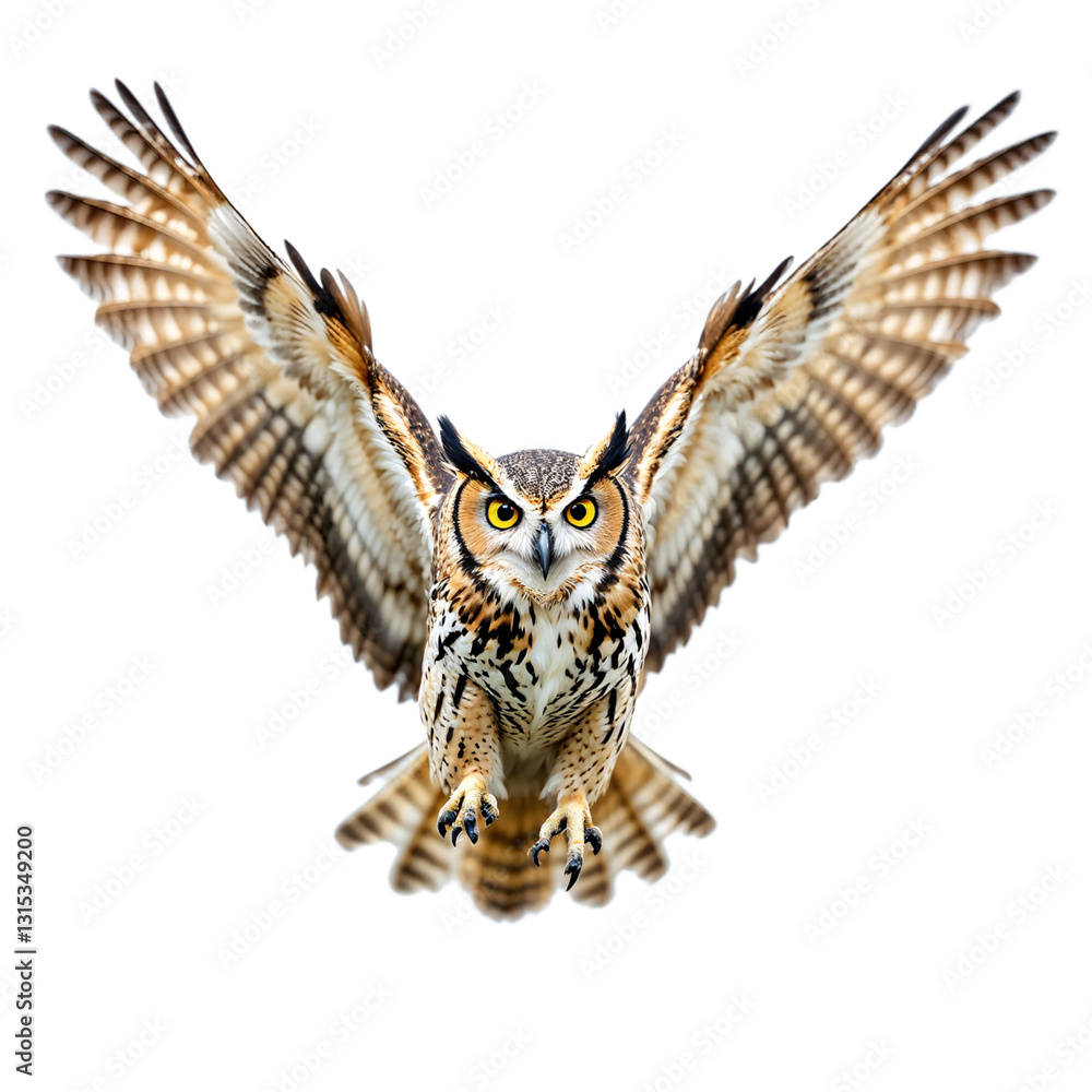 Fototapeta premium Majestic Eagle-Owl in Flight Against a White Background