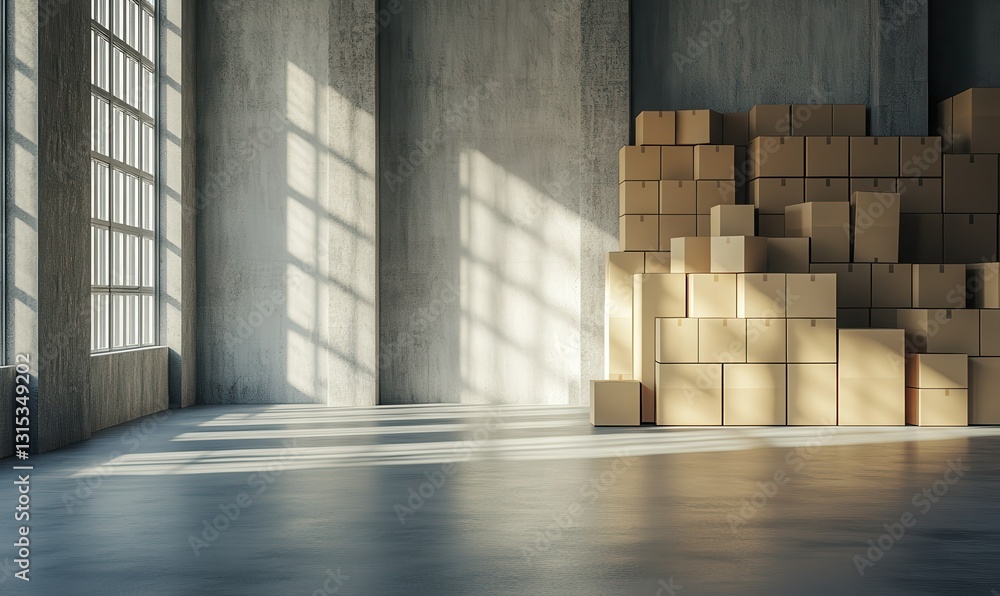 Obraz premium Minimalist industrial space with neatly stacked kraft boxes on a clean floor illuminated by diffused natural light, evoking organization and simplicity