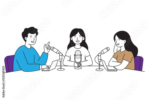 Teenagers Podcast vectors, Two teenage listeners are present in the studio, actively participating in the conversation. They are connected to the session through headphones, enhancing their podcast.